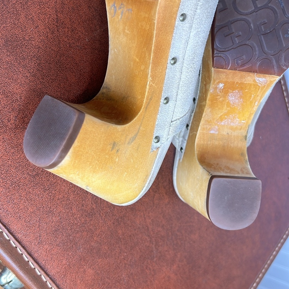 UGG Cream Suede Clog Heels with Wood Platform - Picture 12 of 13